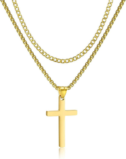 Layered Kreuz Halskette Edelstahl Kubanische Anhänger 18/20 Gold