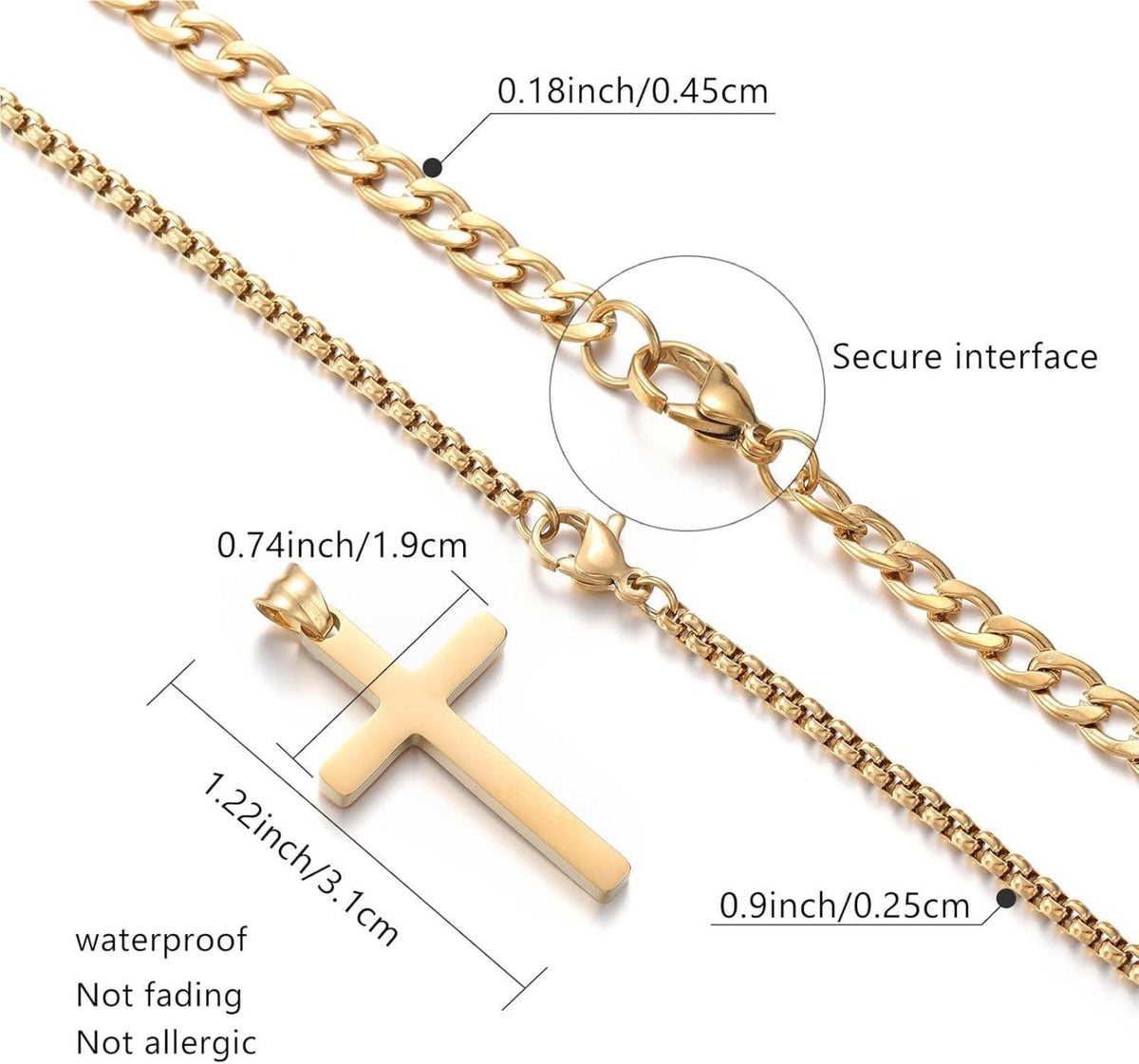 Herren Kreuzkette Edelstahl Silber/Gold/Schwarz Kubanische Halskette 22/24 Gold