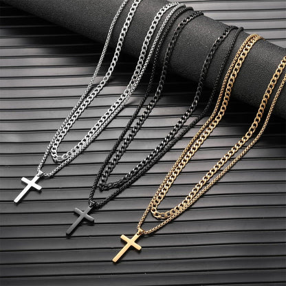 Kreuz Kette Herren Edelstahl Silber/Gold/Schwarz Layered Kubanische