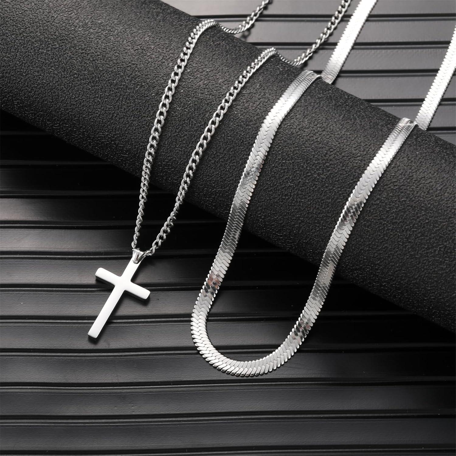 Herren Kreuz Kette Edelstahl Silber/Gold/Schwarz Layered 55cm Set