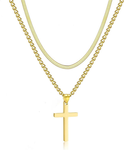 Kreuz Kette Herren Edelstahl Silber/Gold/Schwarz Layered