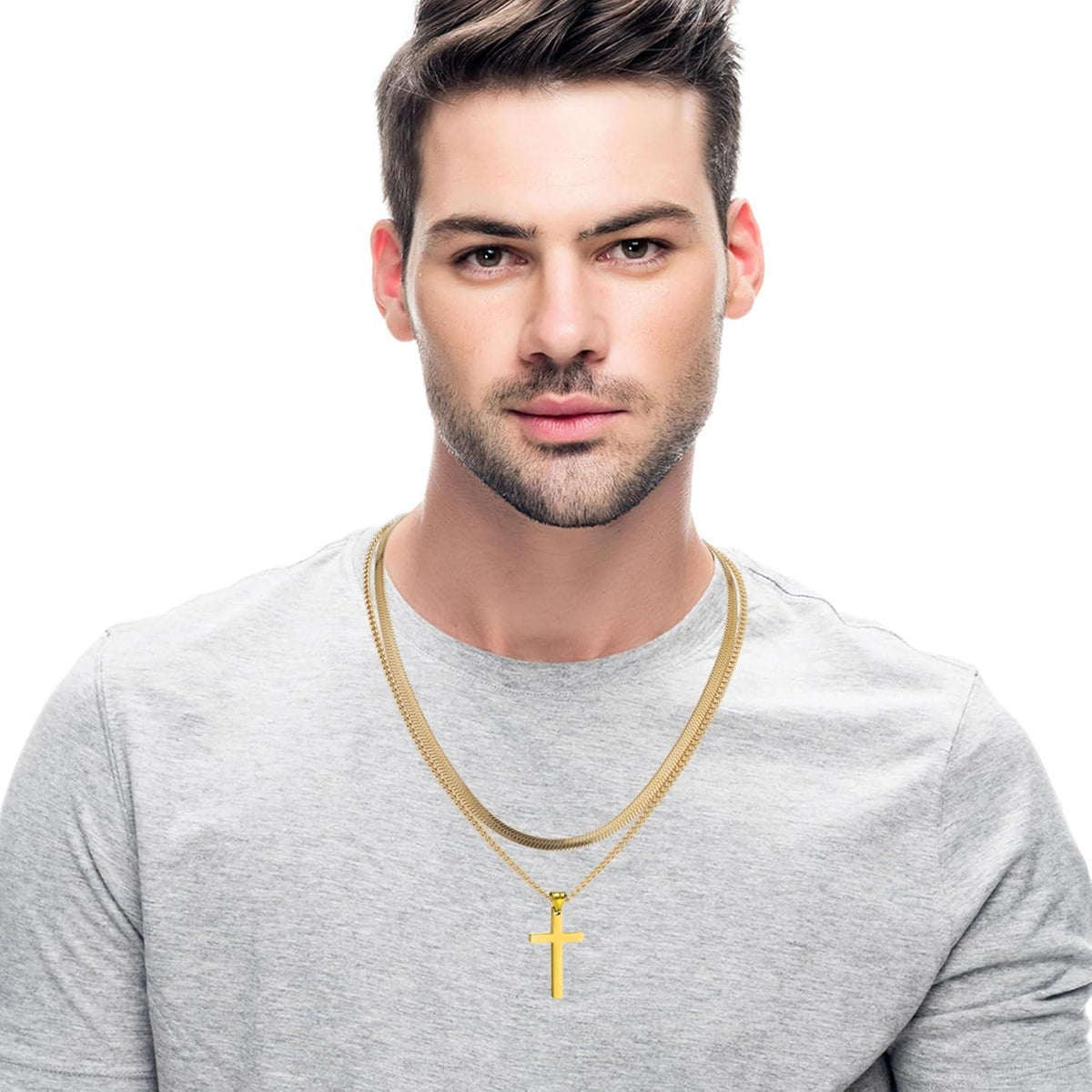 Kreuz Kette Herren Edelstahl Silber/Gold/Schwarz Layered