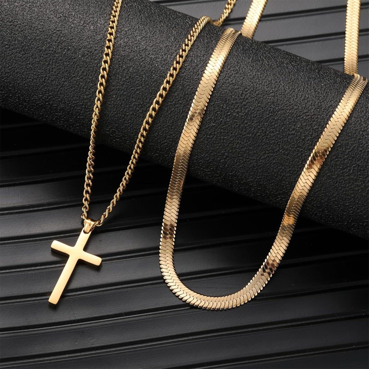 Herren Kreuzkette Edelstahl Silber/Gold/Schwarz Layered Schlangenkette 55cm
