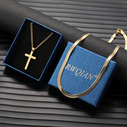 Kreuz Kette Herren Edelstahl Silber Gold Schwarz Layered Flache