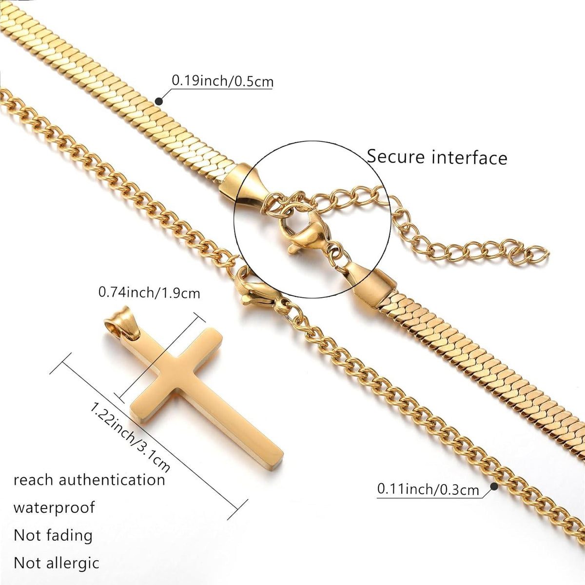 Herren Kreuzkette Edelstahl Layered Kreuz Kette mit Kubanische Anhänger 50cm Gold