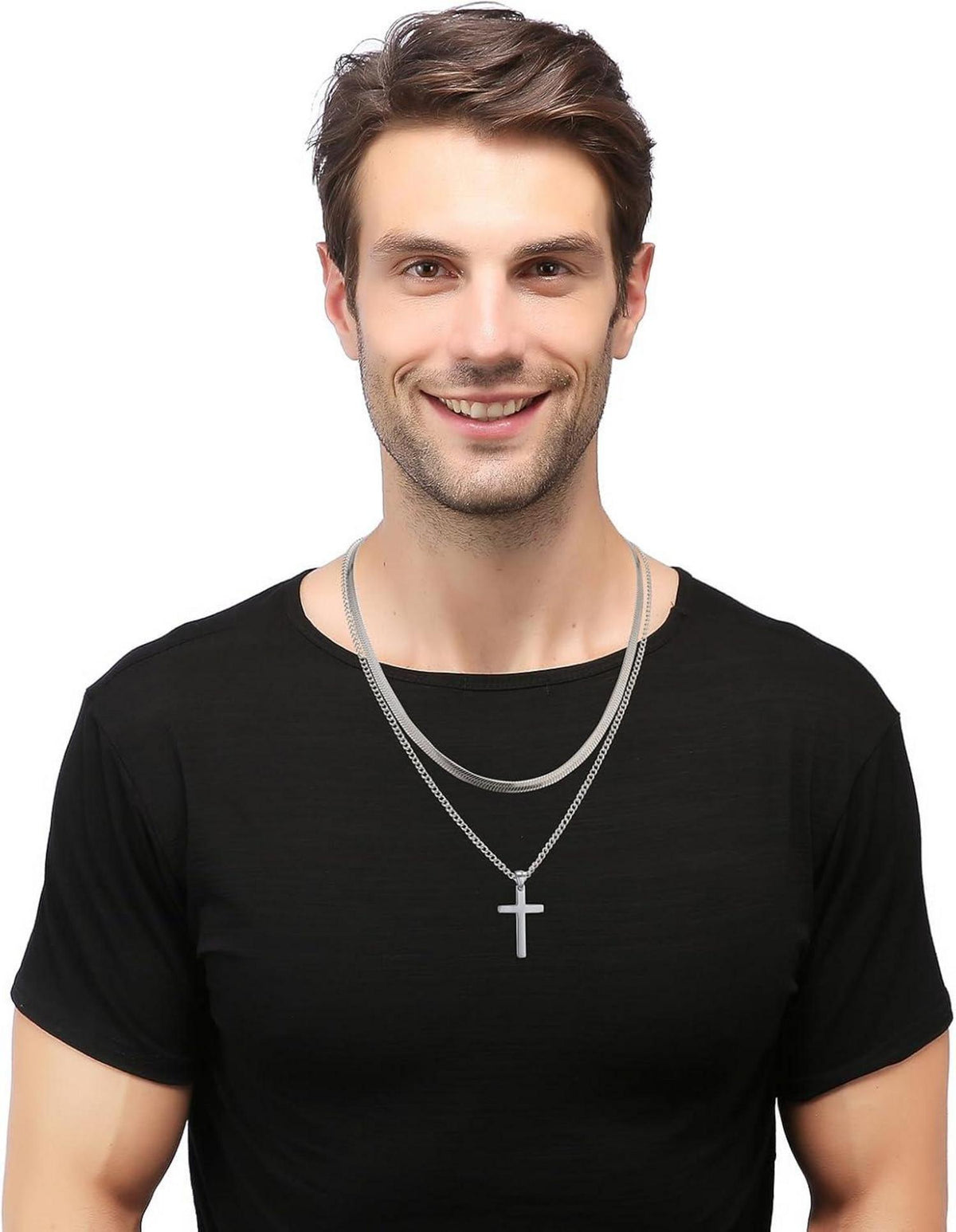 Kreuz Halskette Herren Edelstahl Layered Silber 50cm Schmuck