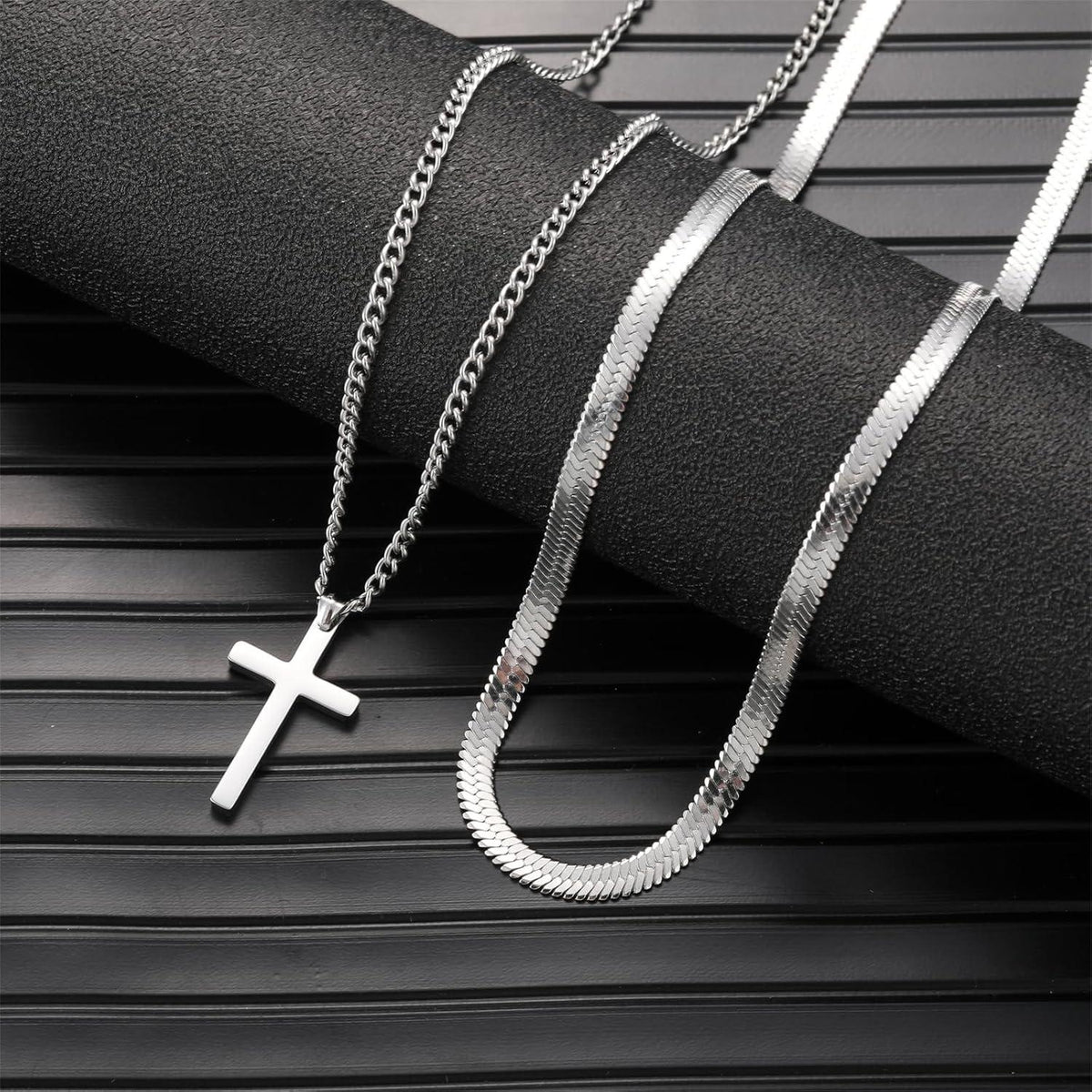 Herren Kreuzkette Edelstahl Silber Layered Schlangenkette Kubanische Anhänger
