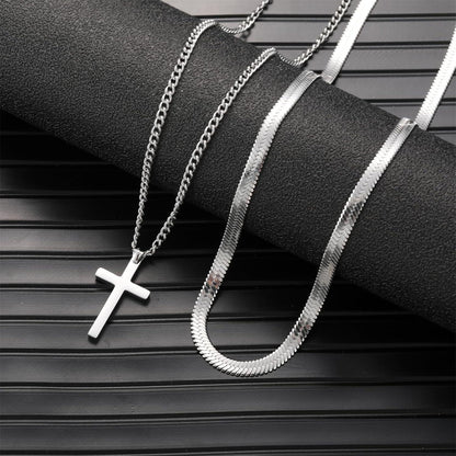 Herren Kreuzkette Edelstahl Silber Layered Schlangenkette Kubanische Anhänger