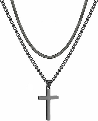 Kreuz Kette Edelstahl Silber Gold Schwarz Layered Anhänger Herren