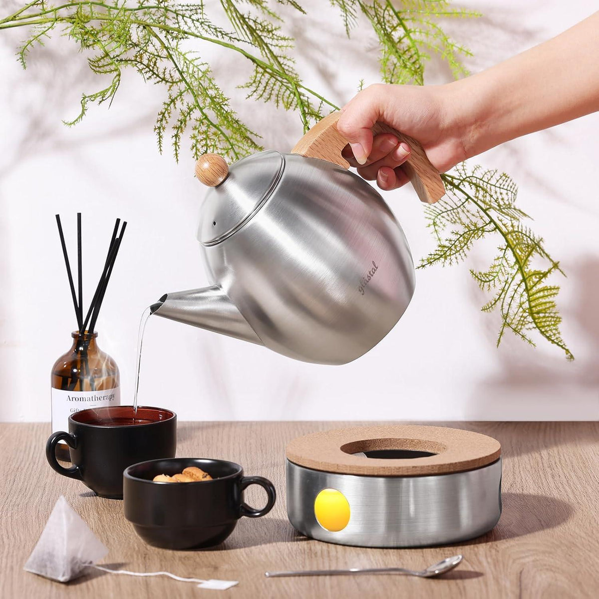 Edelstahl Teekanne 1200ml mit Stövchen & Sieb