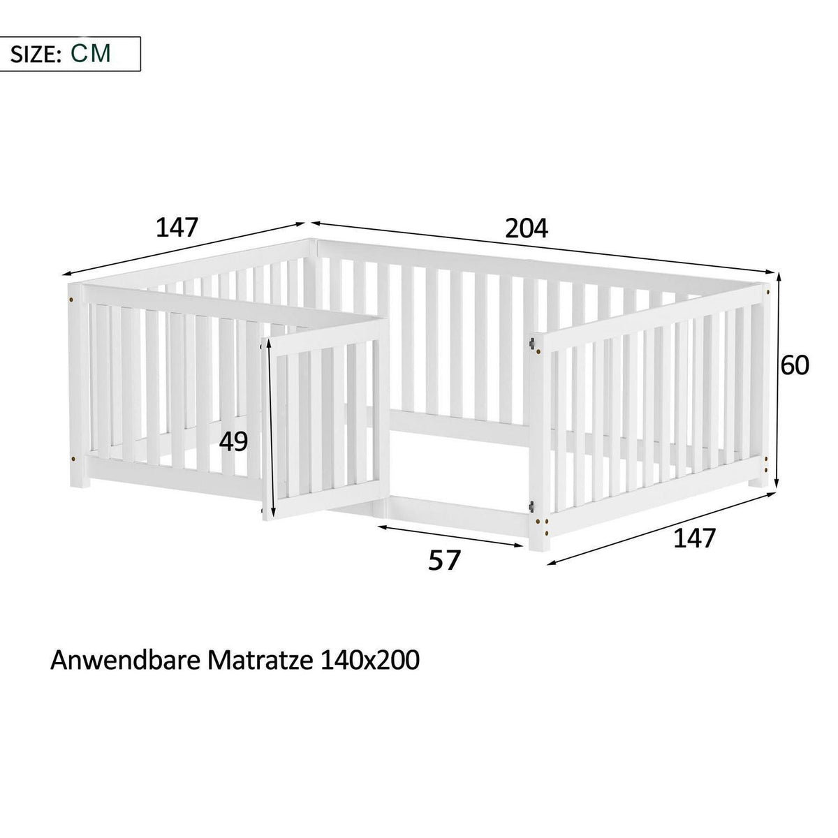 Jovify Kinderbett 140x200 cm Montessori Bodenbett mit Tür und Rausfallschutz Zaun aus Massivholz Weiß