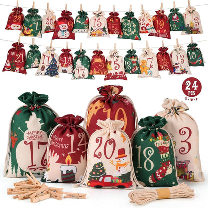 Adventskalender zum Befüllen 2024, 24 Stoffbeutel