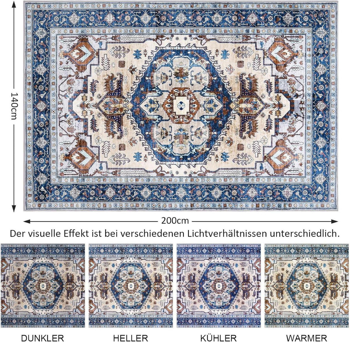 Waschbarer Teppich Vintage Blau 140x200cm Anti-Rutsch Low