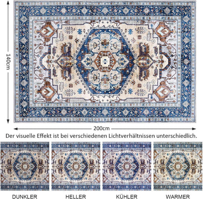 Waschbarer Teppich Vintage Blau 140x200cm Anti-Rutsch Low