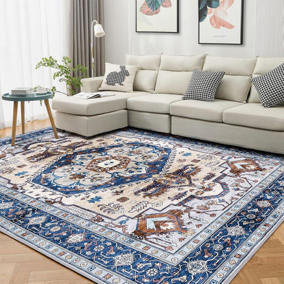 Waschbarer Vintage Teppich 140x200cm Blau Anti-Rutsch Wolle