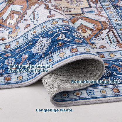 Waschbarer Teppich 140x200cm Vintage Blau Low Pile Wolle Anti-Rutsch