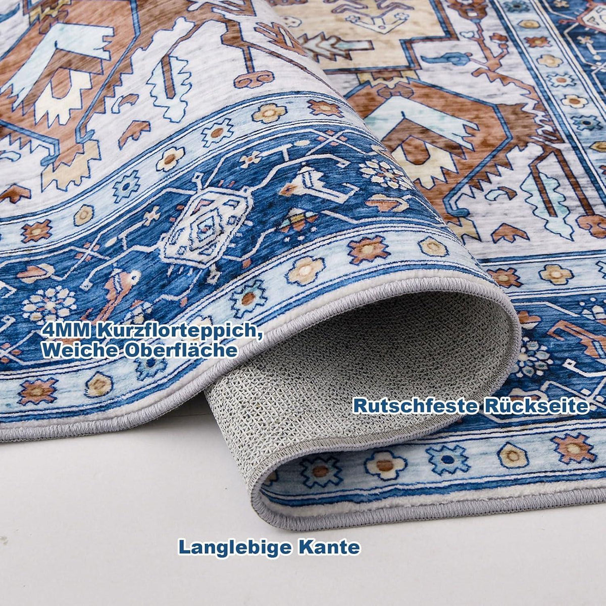 Waschbarer Teppich 140x200cm Vintage Blau Low Pile Wolle Anti-Rutsch