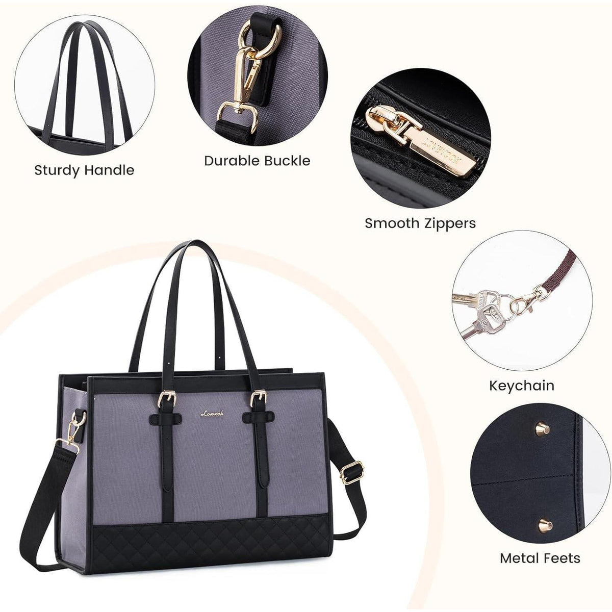 Laptoptasche Damen Leder Canvas 15,6 Zoll Arbeitstasche Grau Schwarz