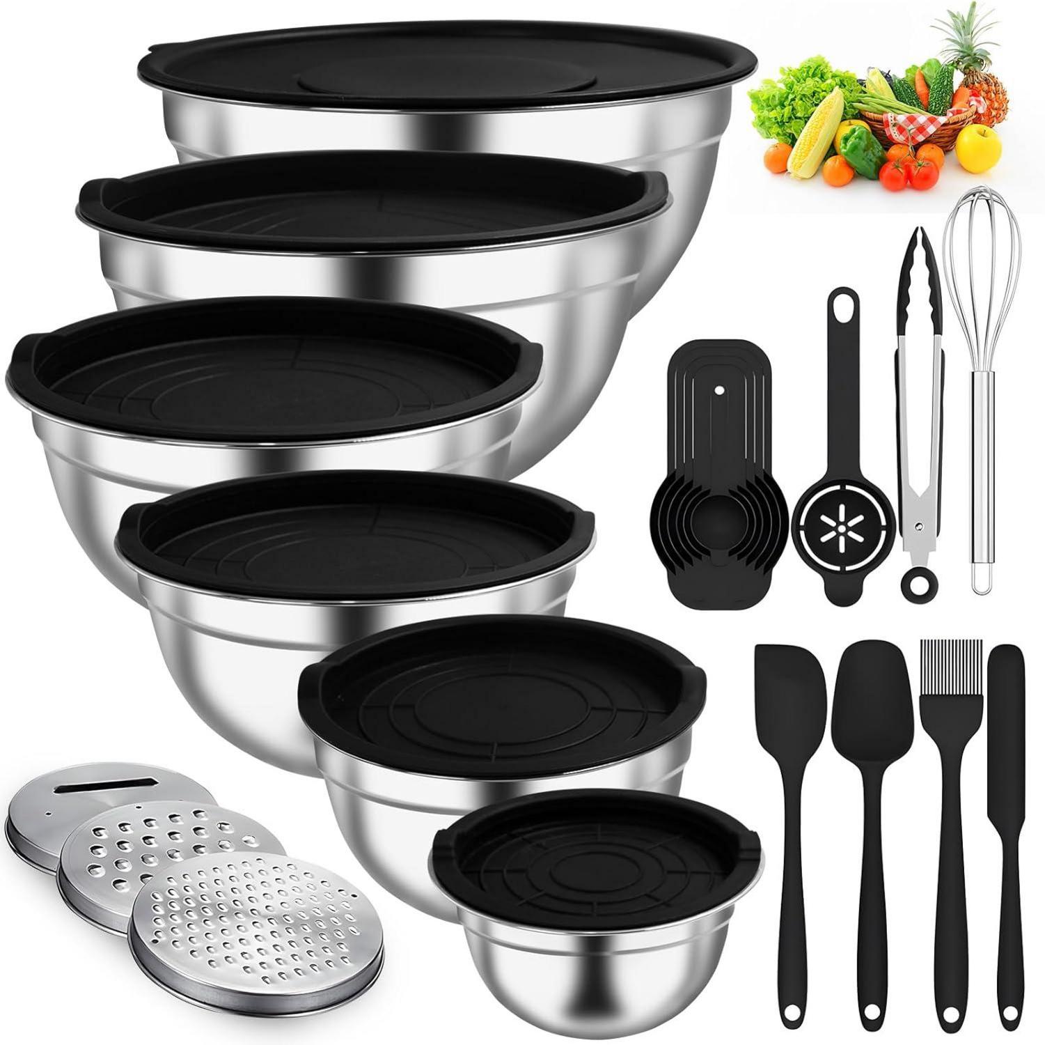 Edelstahl Salatschüssel Set mit Silikonböden und Deckel