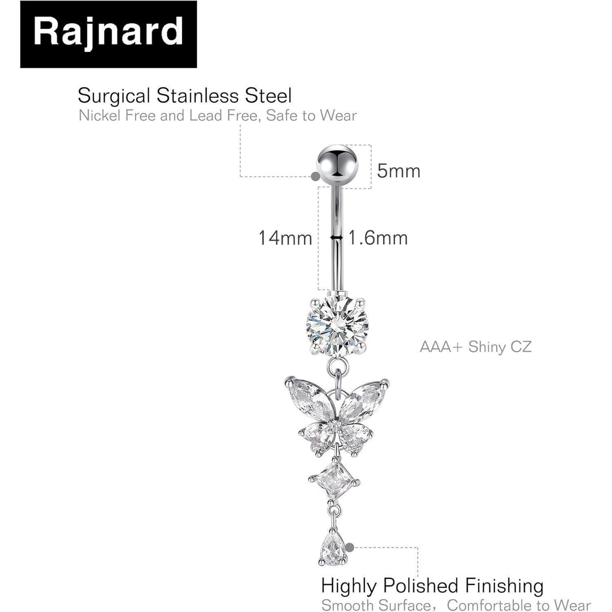 Bauchnabelpiercing Schmetterling Chirurgenstahl Silber 14mm