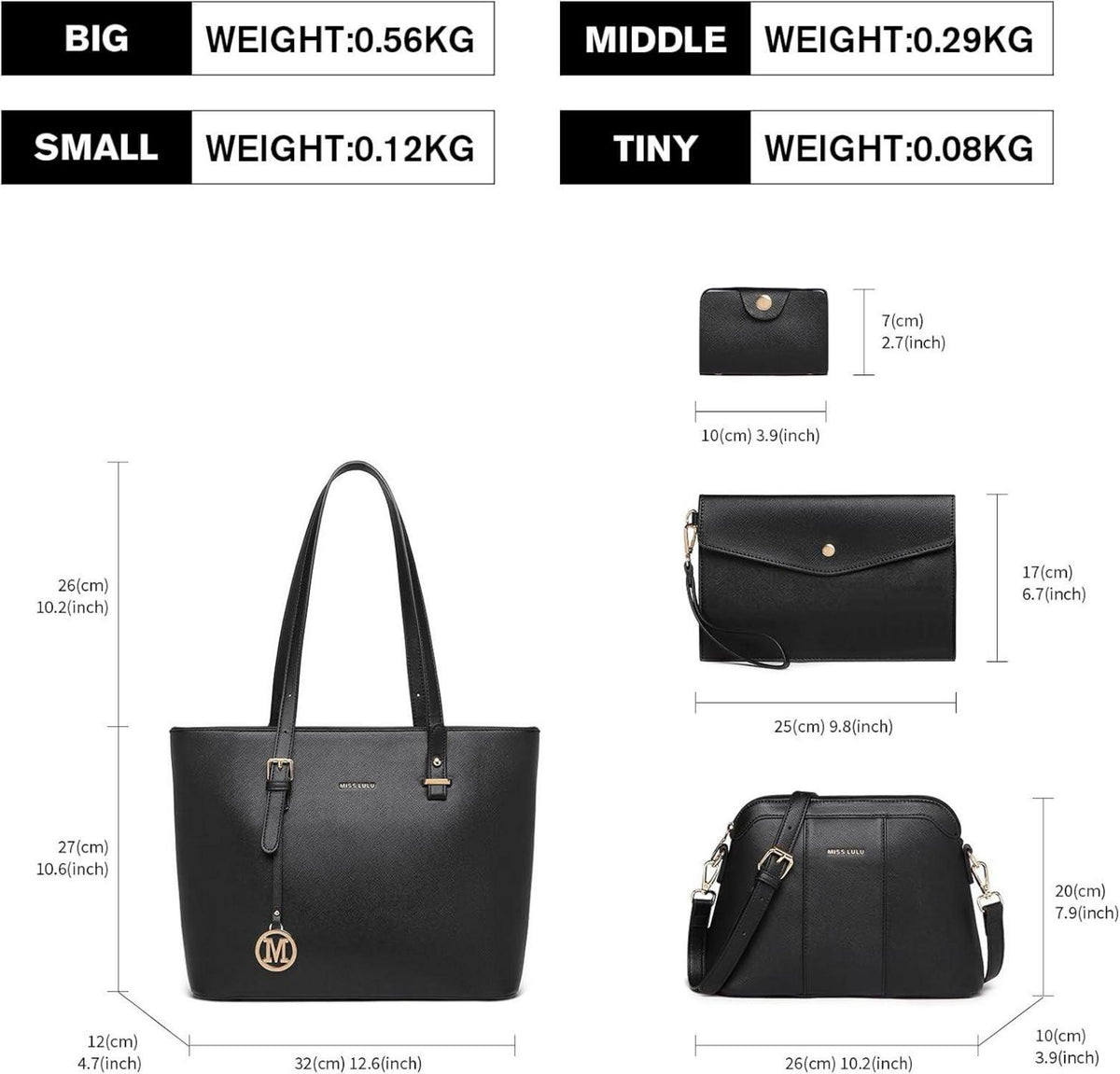 Miss Lulu Damen Handtasche Set Schultertasche Geldbörse Clutch Schwarz