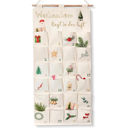 Adventskalender Stoff zum Aufhängen, 24 Fächer, Beige
