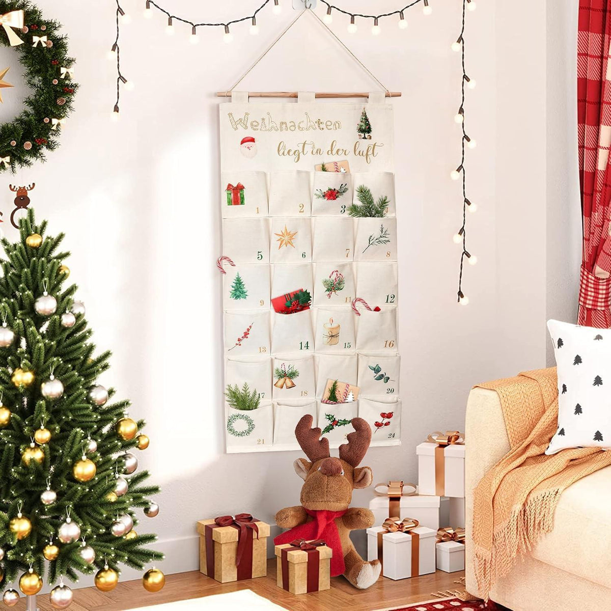 Adventskalender Stoff zum Aufhängen, 24 Fächer, Beige