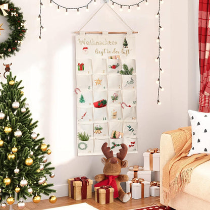 Adventskalender Stoff zum Aufhängen, 24 Fächer, Beige