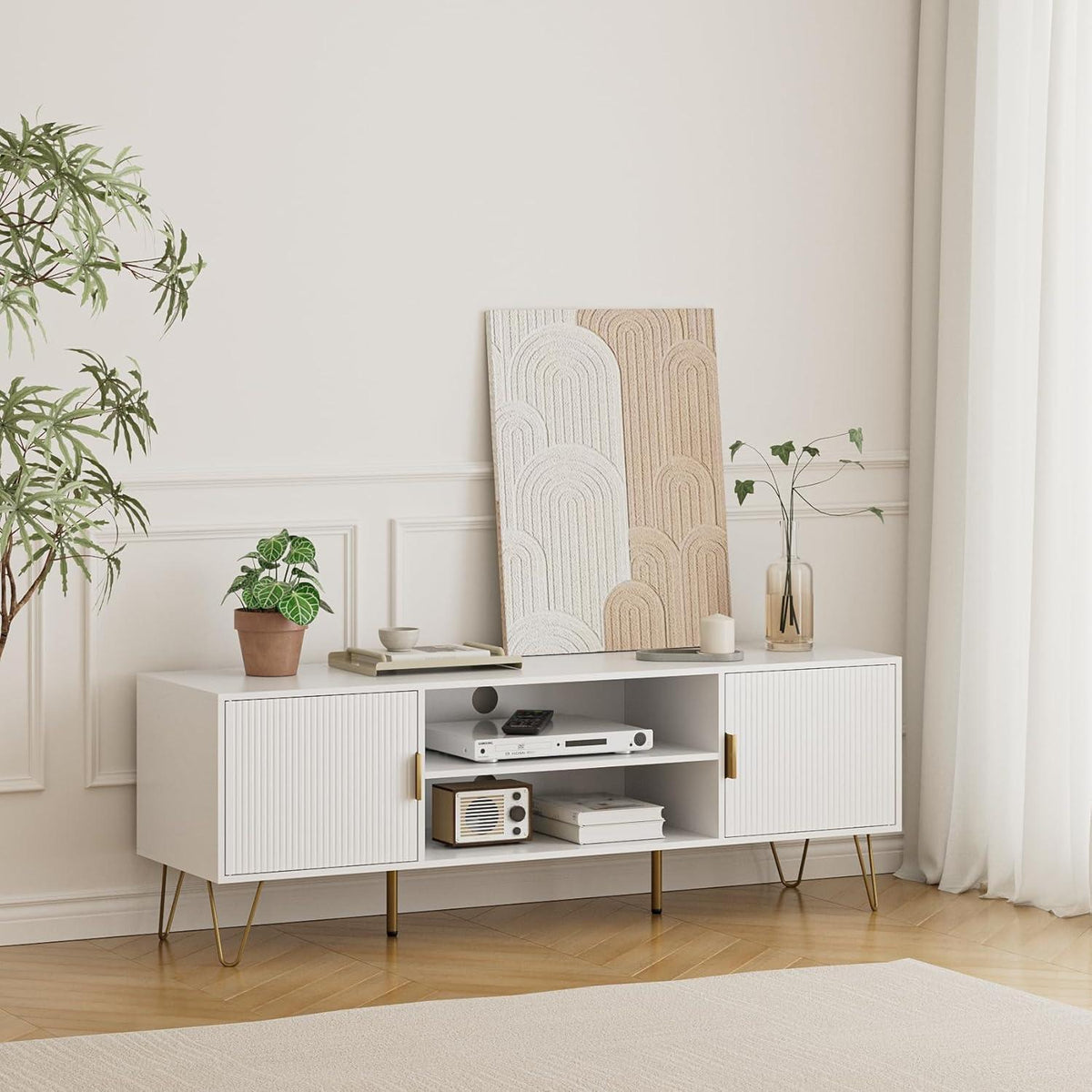 TV Schrank Weiß 137x38x48 Fernsehschrank Lowboard 60 Zoll LED Stand
