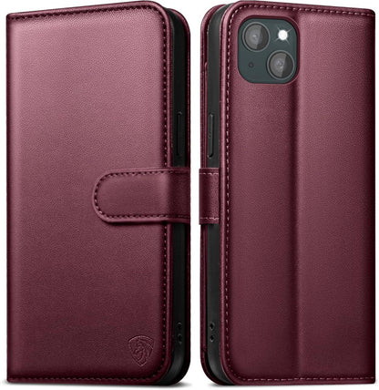 EASDNB iPhone 14 Handyhülle Weinrot RFID Schutz Glas Kartenfächer