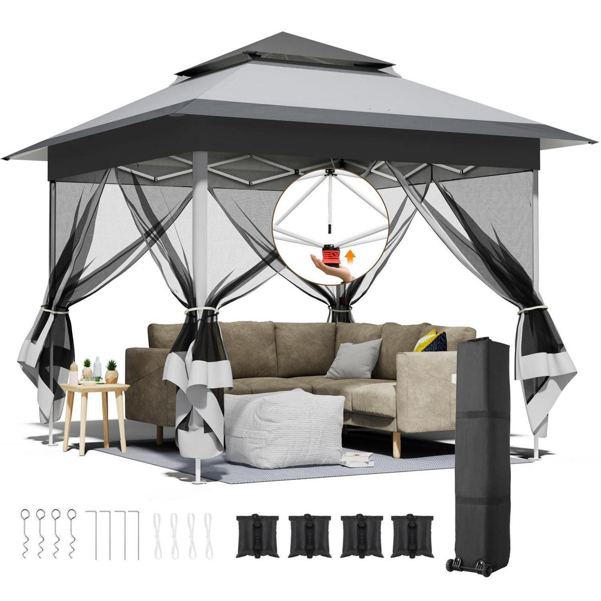 3x3m Pavillon mit Moskitonetzen, wasserdicht & stabil