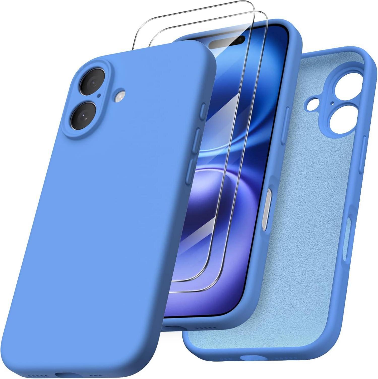 iPhone 16 Hülle Silikon Schutzhülle Kameraschutz 2x Folien Blau