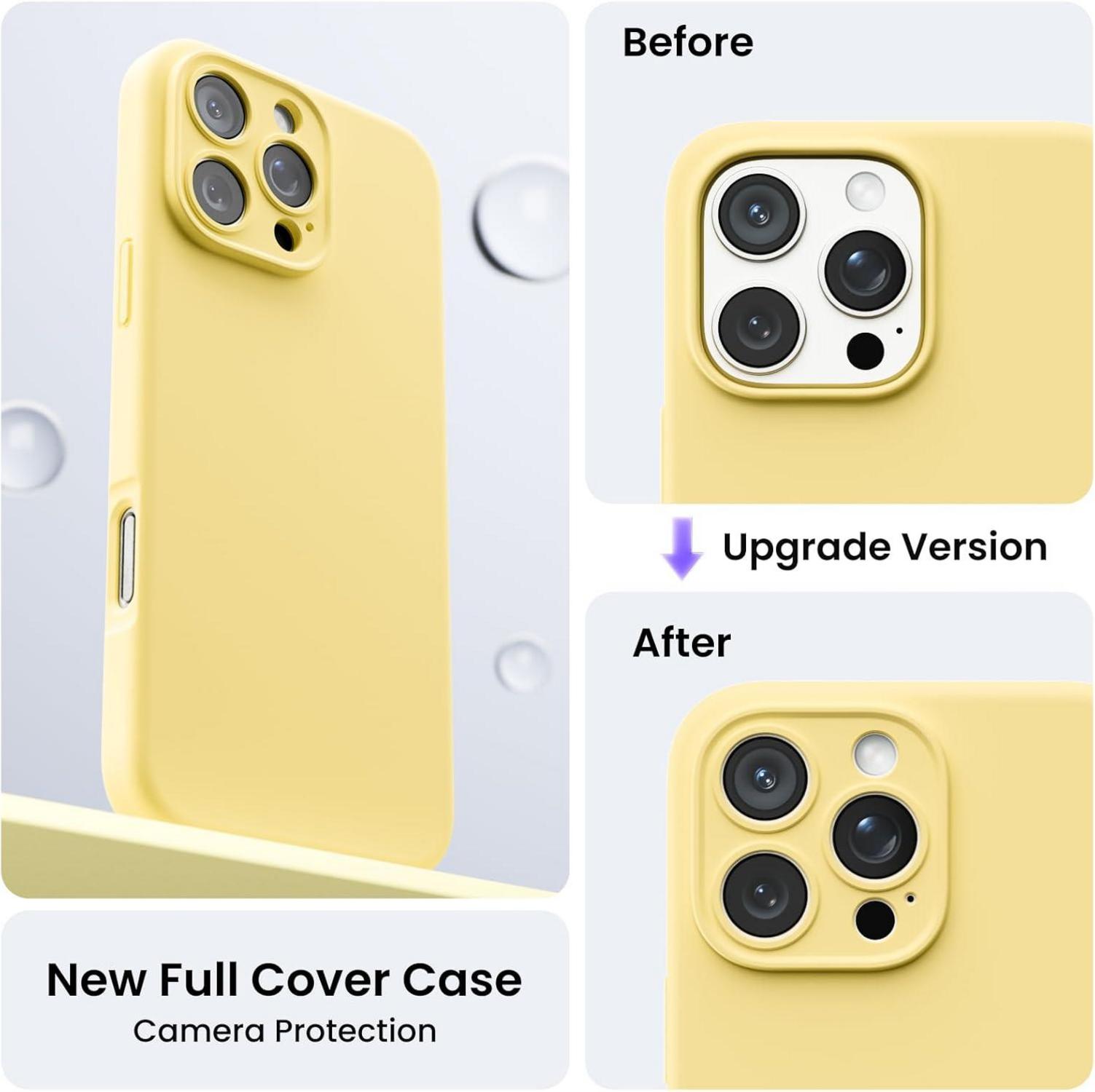 ORNARTO iPhone 16 Pro Max Hülle Kameraschutz 2 Schutzfolien Flüssiges Silikon stoßfest Leicht Gelb