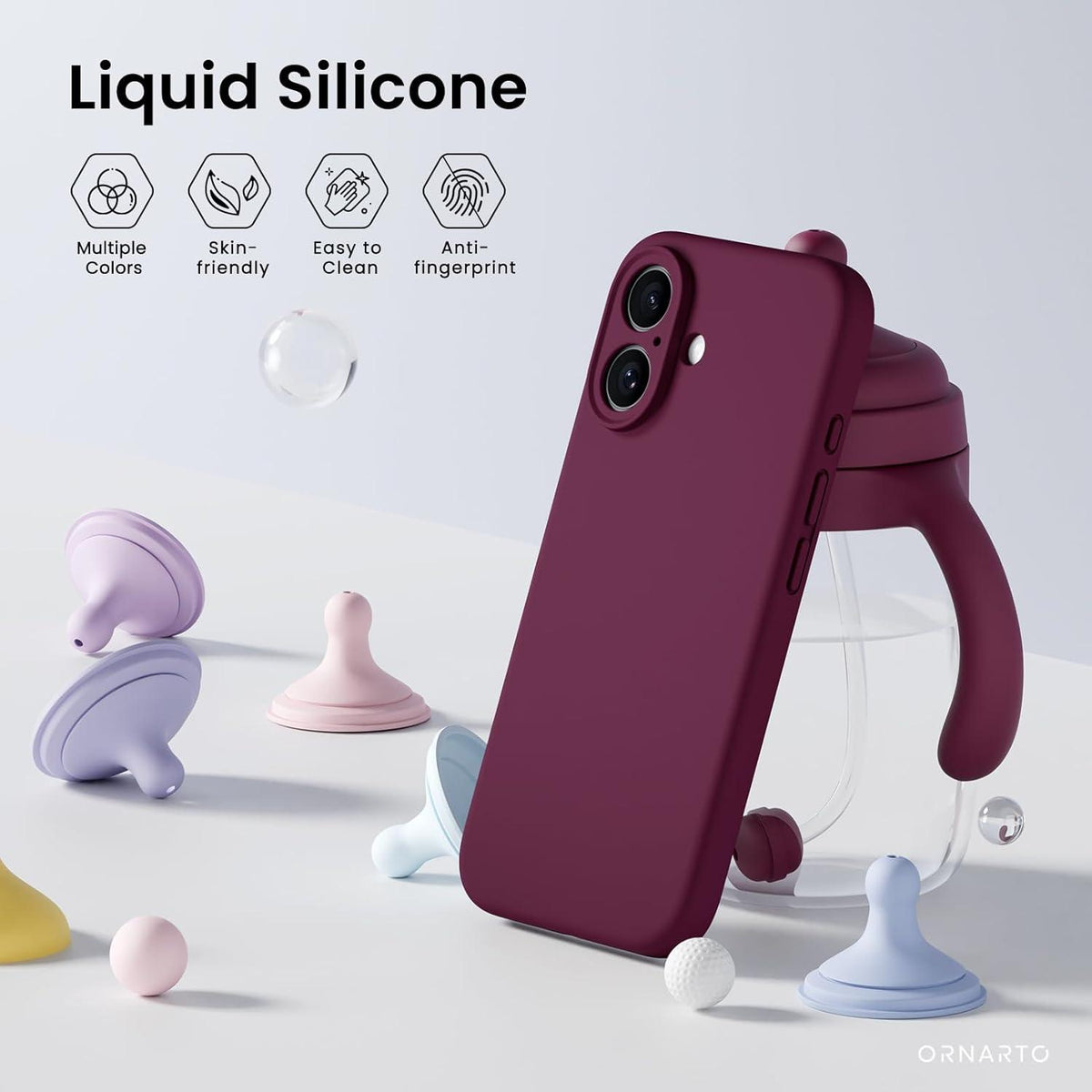 iPhone 16 Hülle Kameraschutz 2 Schutzfolien flüssiges Silikon Weinrot
