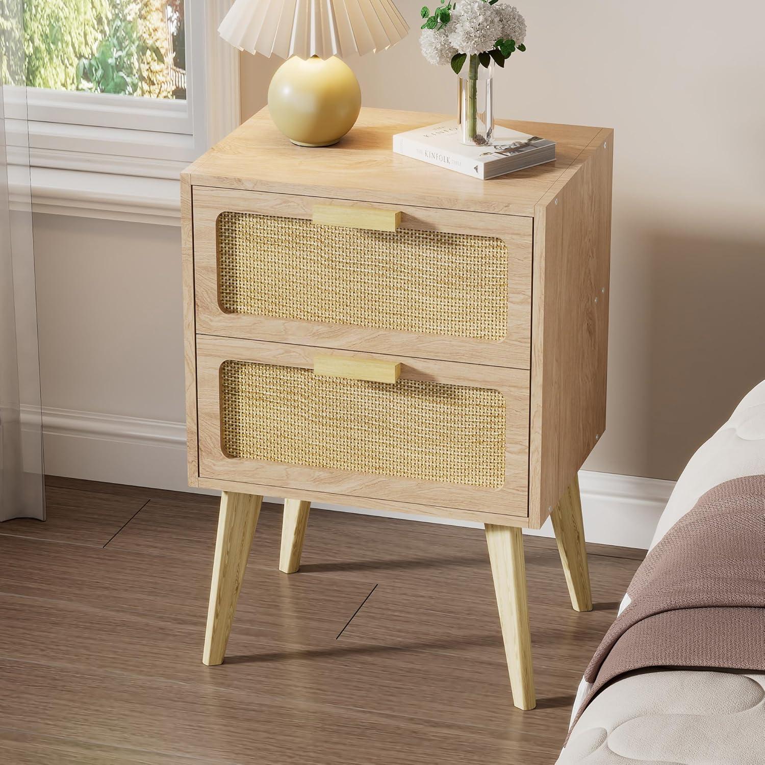 Rattan Nachttisch Holz Beistelltisch handgefertigt 2 Schubladen Boho Couch