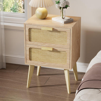 Rattan Nachttisch Holz Beistelltisch handgefertigt 2 Schubladen Boho Couch