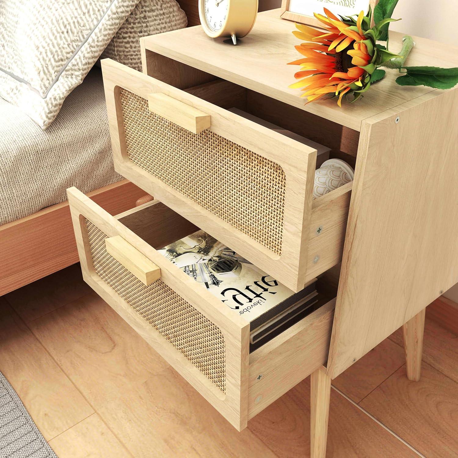 Rattan Nachttisch mit 2 Hand Made Rattan Schubladen und Lagerung