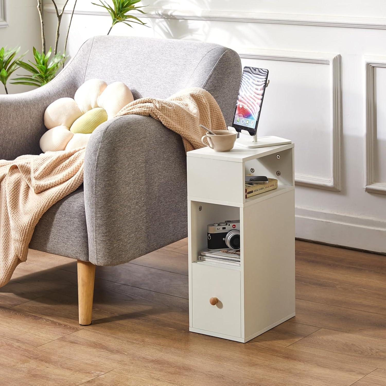 IBUYKE Nachttisch Set Schmal Beistelltisch Schublade 2 offene Fächer White