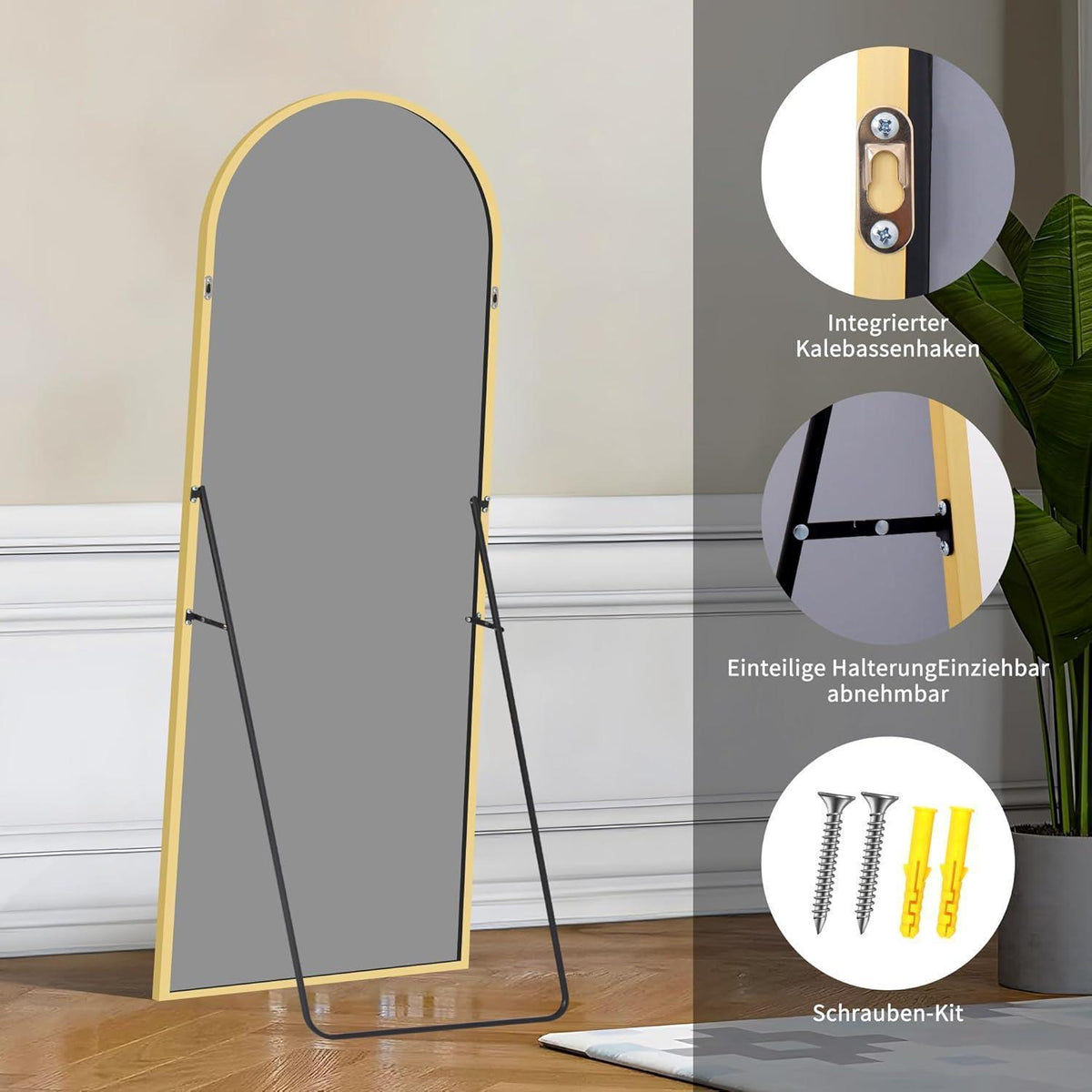 Großer Gewölbter Standspiegel mit Goldrahmen – 180 x 66 cm