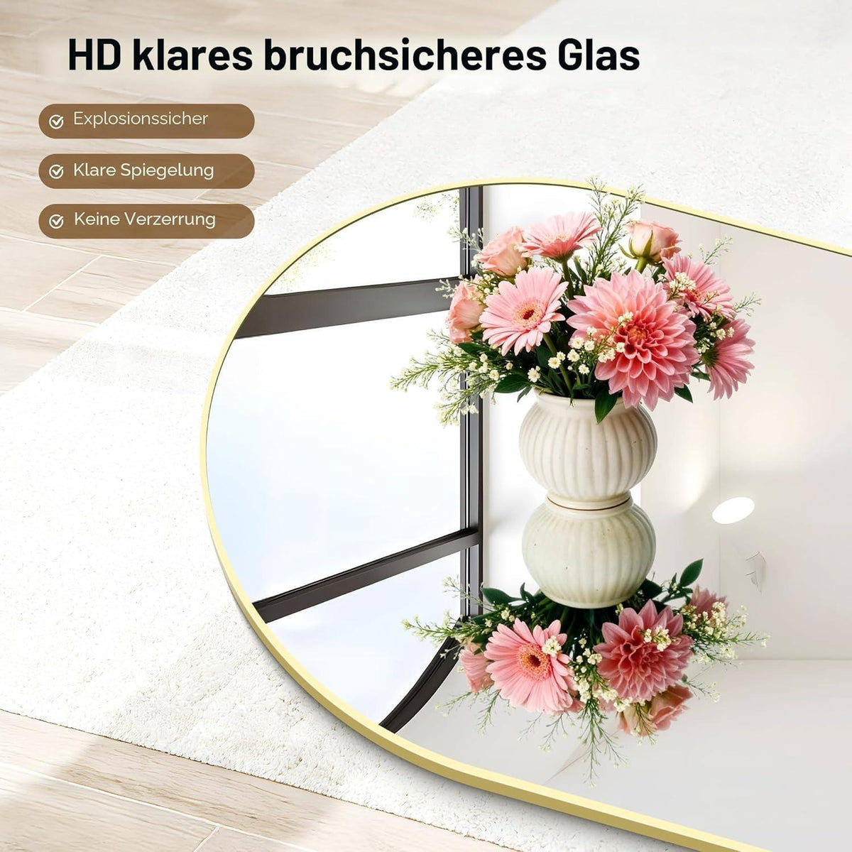 Großer Gewölbter Standspiegel mit Goldrahmen – 180 x 66 cm