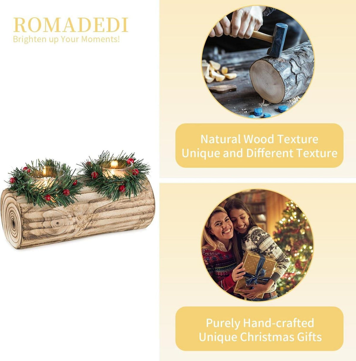 Teelichthalter Weihnachten Holz Yule Log Kerzenständer 23cm für Winter Deko