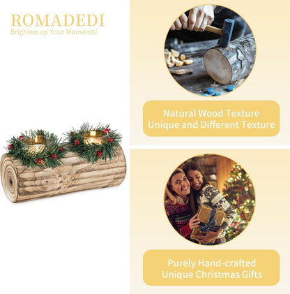 Teelichthalter Weihnachten Holz Yule Log Kerzenständer 23cm für Winter Deko