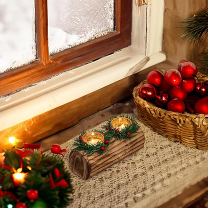 Holz Teelichthalter Weihnachtsdeko Yule Log Kerzenständer Winter Geschenk