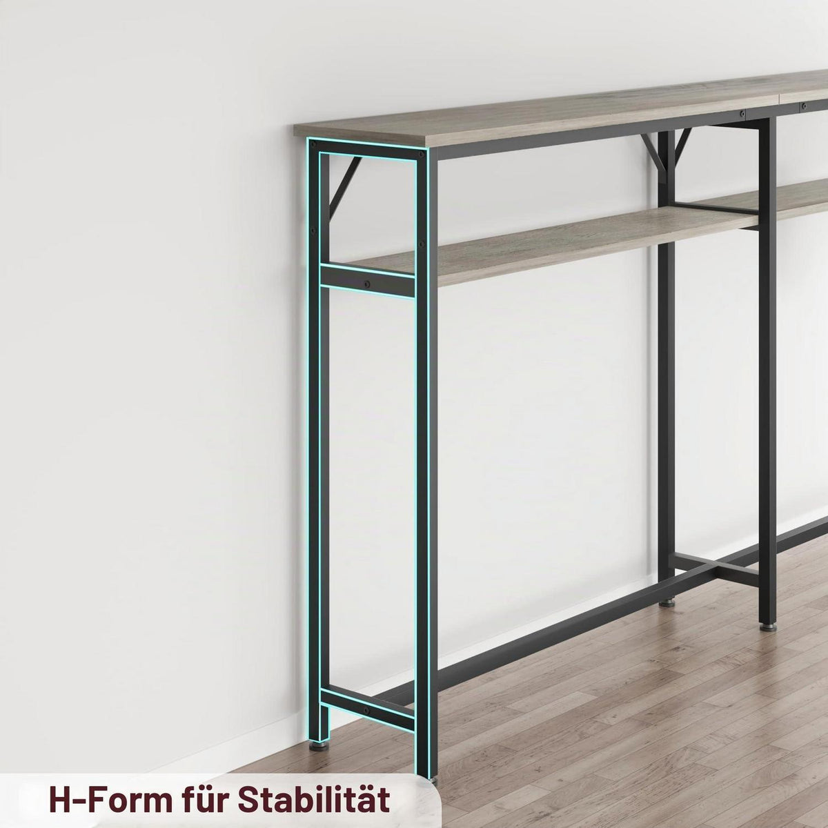 Konsolentisch schmal extra lang mit 2 Etagen und Stauraum, 180 cm, Grau