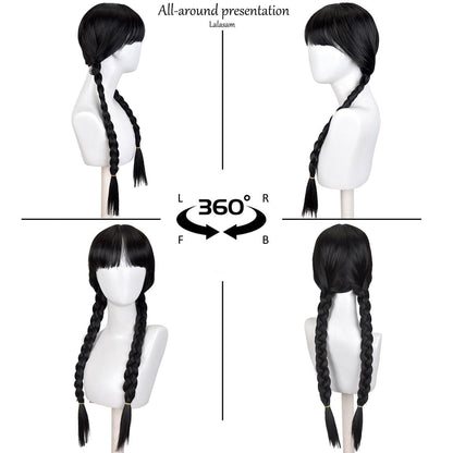 Mittwoch Cosplay Perücke mit Halskette – Schwarz mit Pony