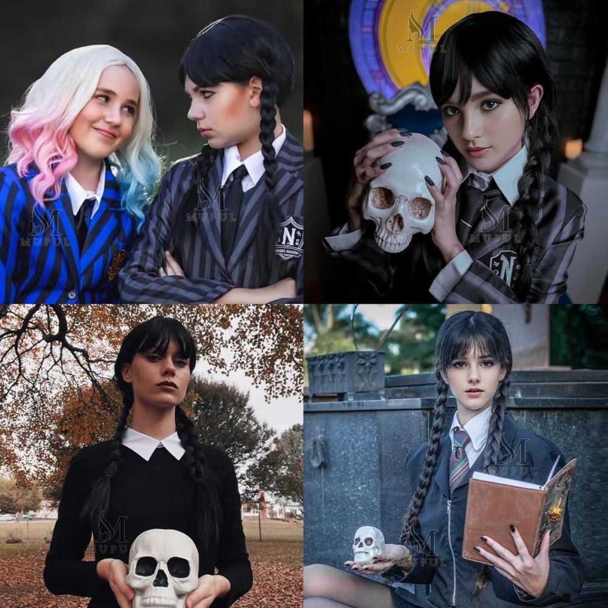 Mittwoch Cosplay Perücke mit Halskette – Schwarz mit Pony