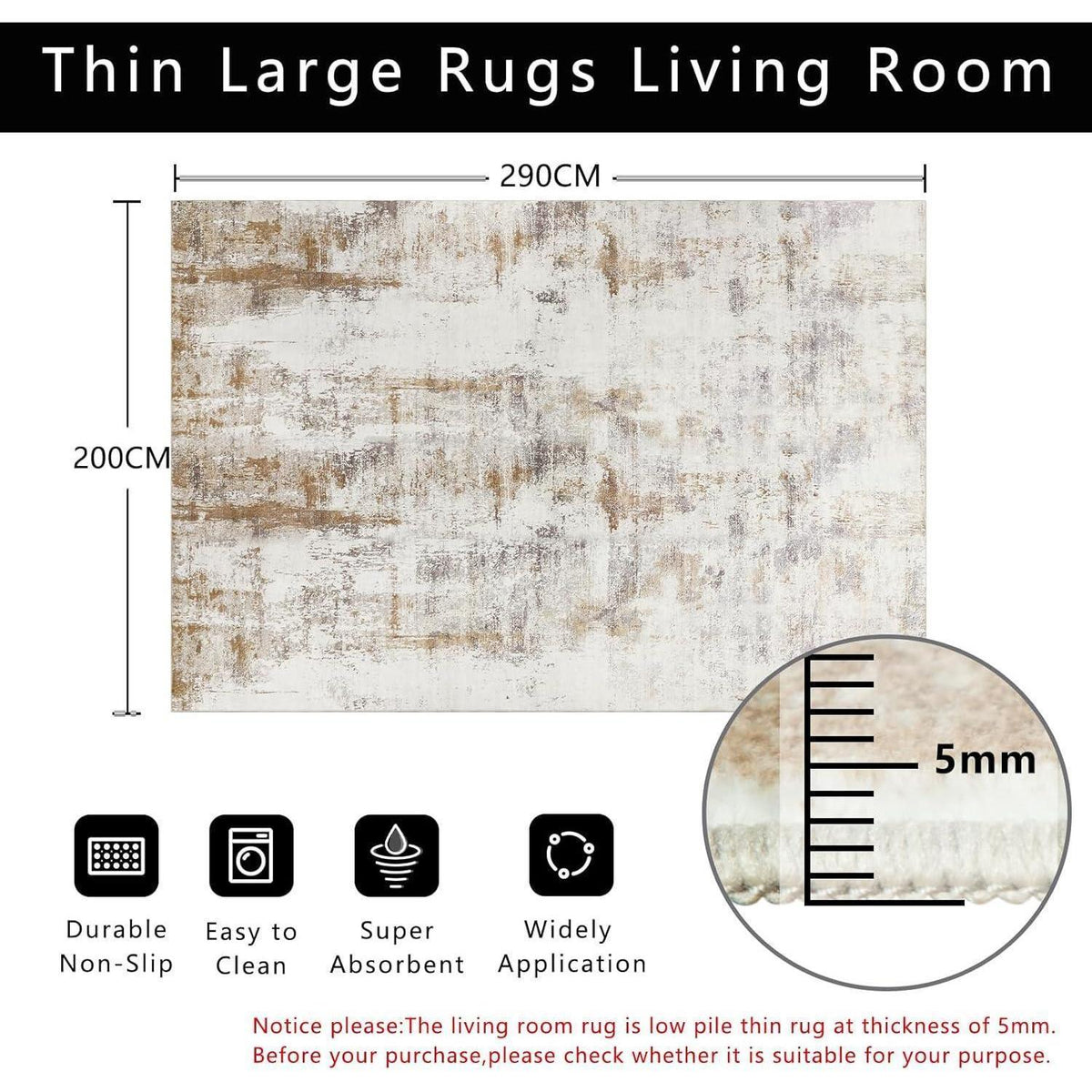 Wohnzimmerteppich 200x290cm Kurzflor Beige Braun Modern Waschbar