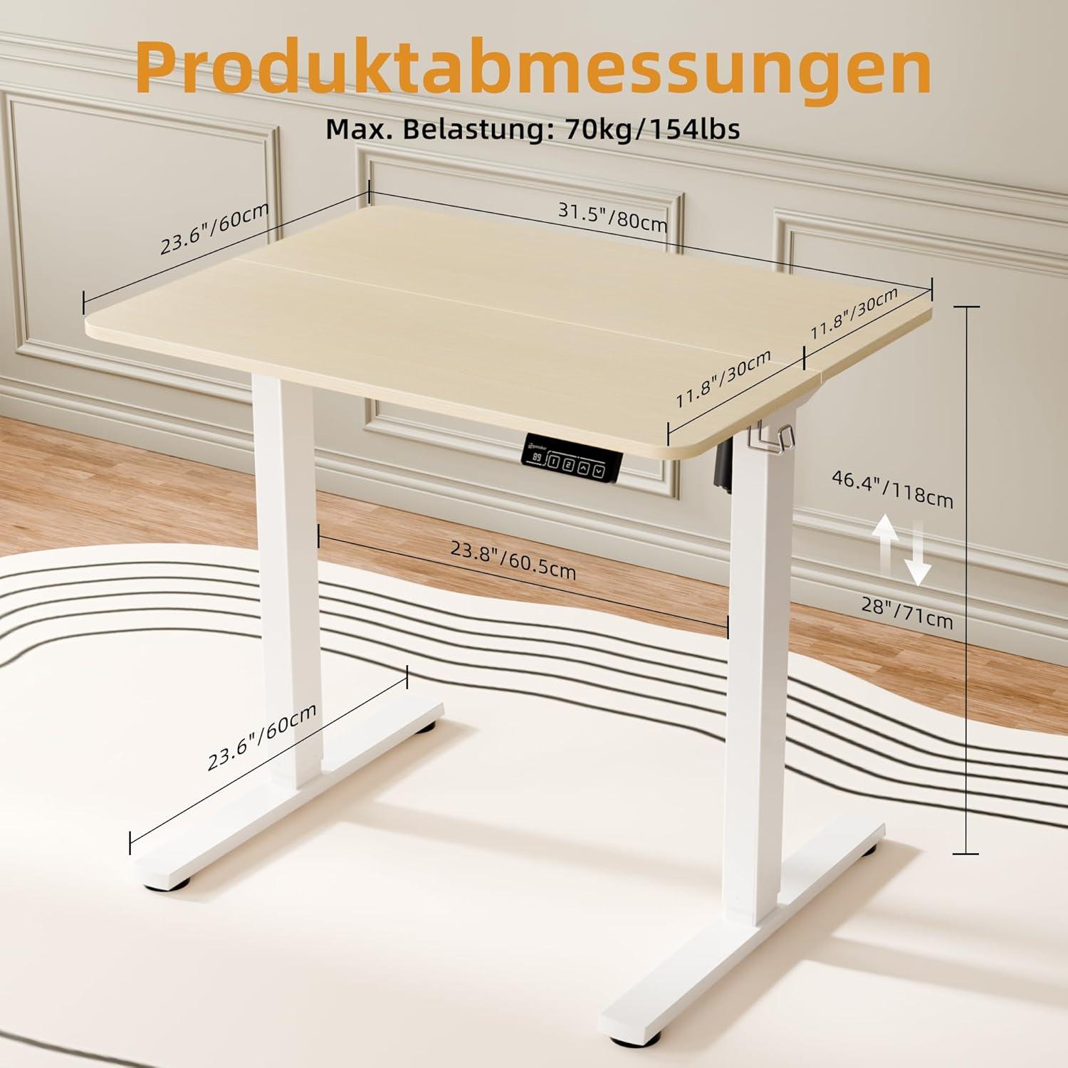 Elektrischer Höhenverstellbarer Schreibtisch 80x60cm Weiß Eiche