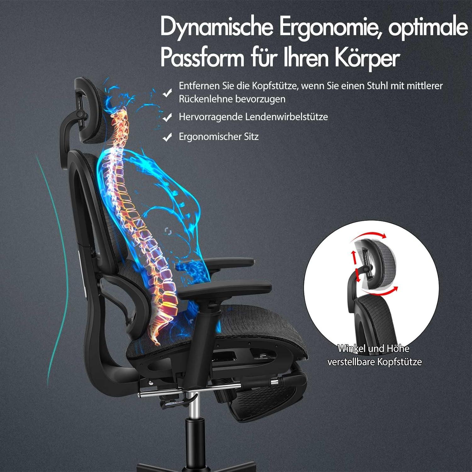 ALFORDSON Bürostuhl Ergonomisch mit Kopfstütze, Höhenverstellung & Wippfunktion, Schwarz