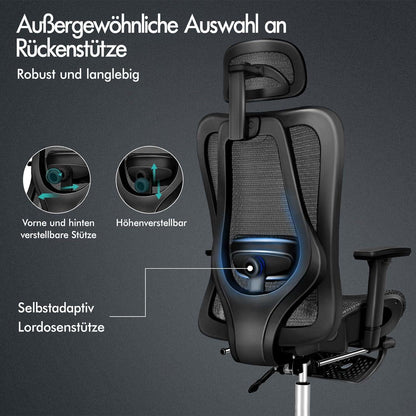 Ergonomischer Bürostuhl mit verstellbarer Lordosenstütze, Kopfstütze